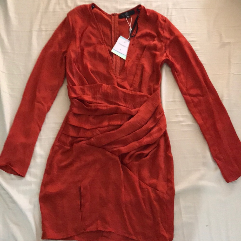 misguided orange silky long sleeve labeled dress